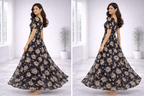 Women’s Black Floral Frock Style Western Top – Scoop Neck Maxi Dress