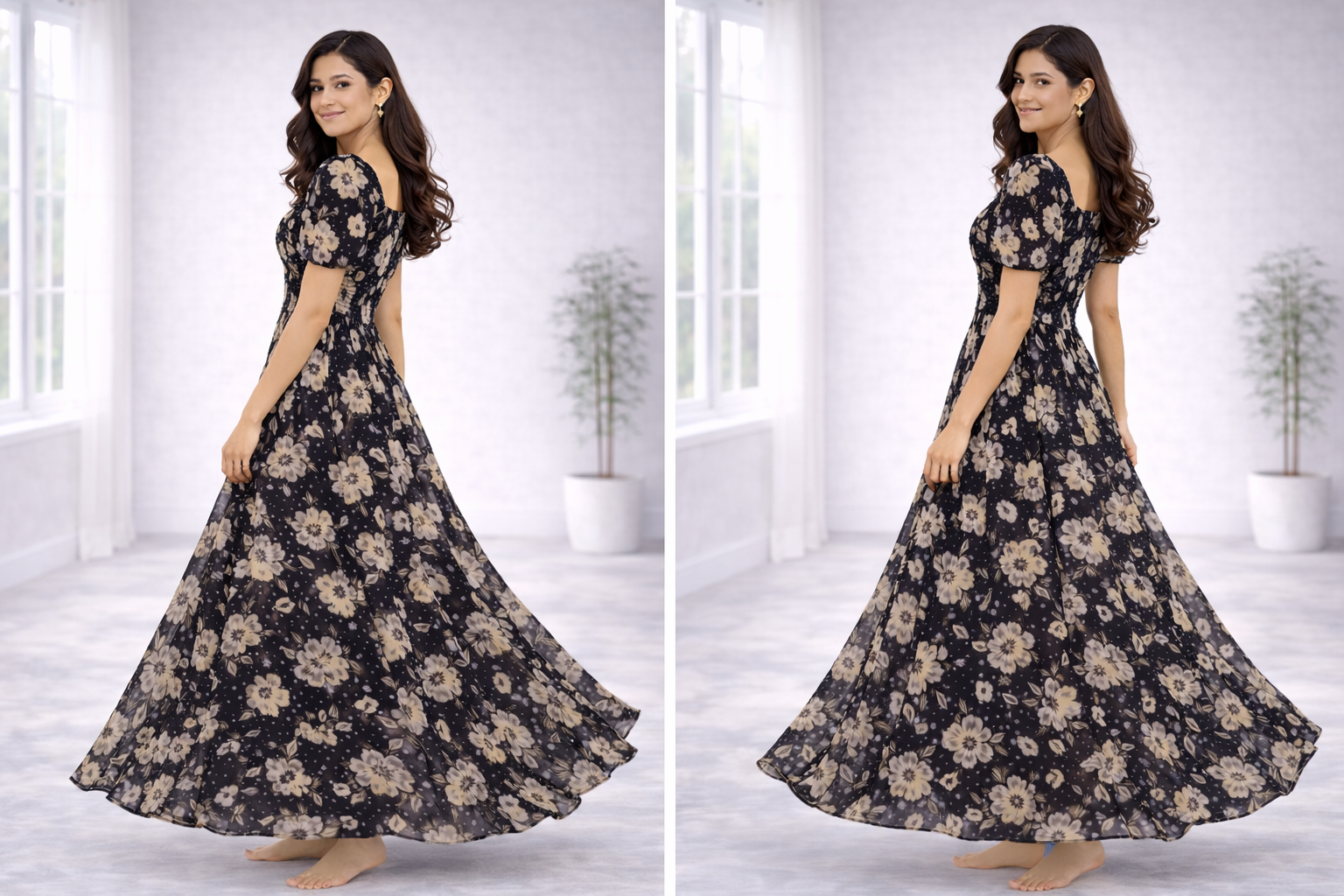 Women’s Black Floral Frock Style Western Top – Scoop Neck Maxi Dress