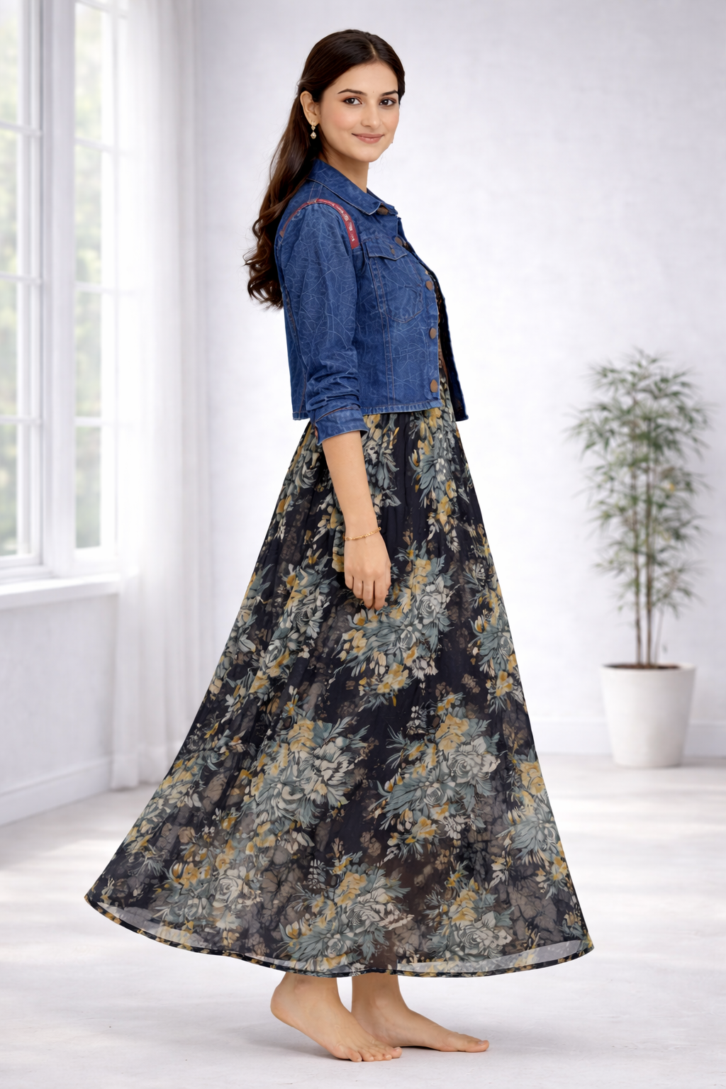 Women’s Floral Frock Style Western Top with Denim Jacket – Round Neck Synthetic Dress