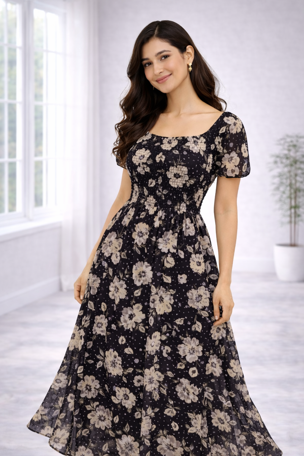 Women’s Black Floral Frock Style Western Top – Scoop Neck Maxi Dress