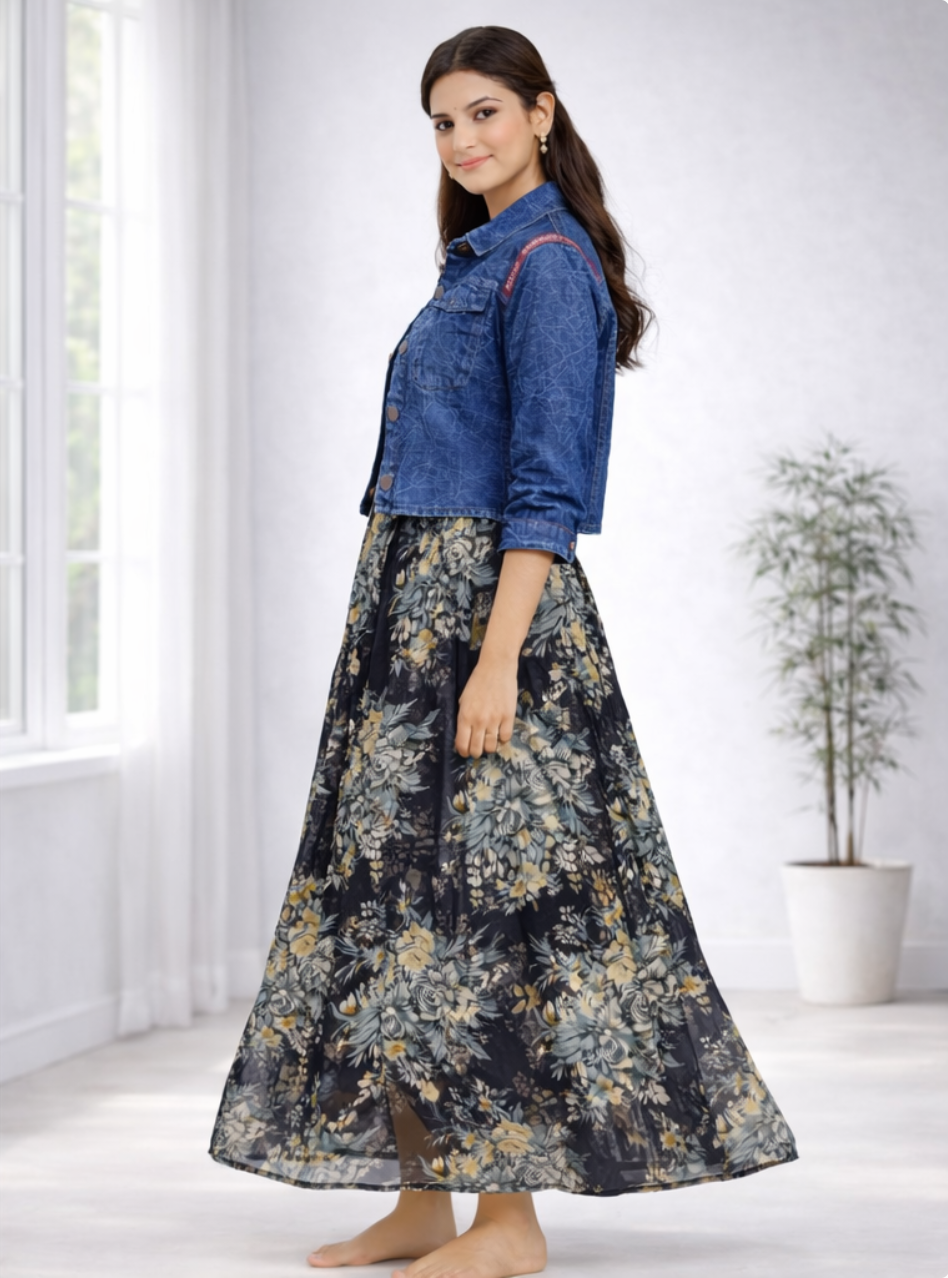 Women’s Floral Frock Style Western Top with Denim Jacket – Round Neck Synthetic Dress