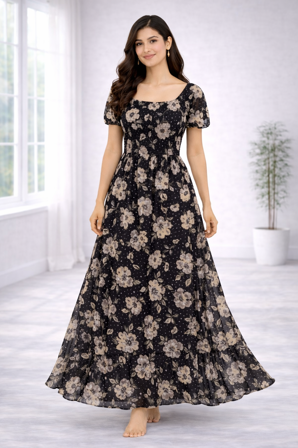 Women’s Black Floral Frock Style Western Top – Scoop Neck Maxi Dress