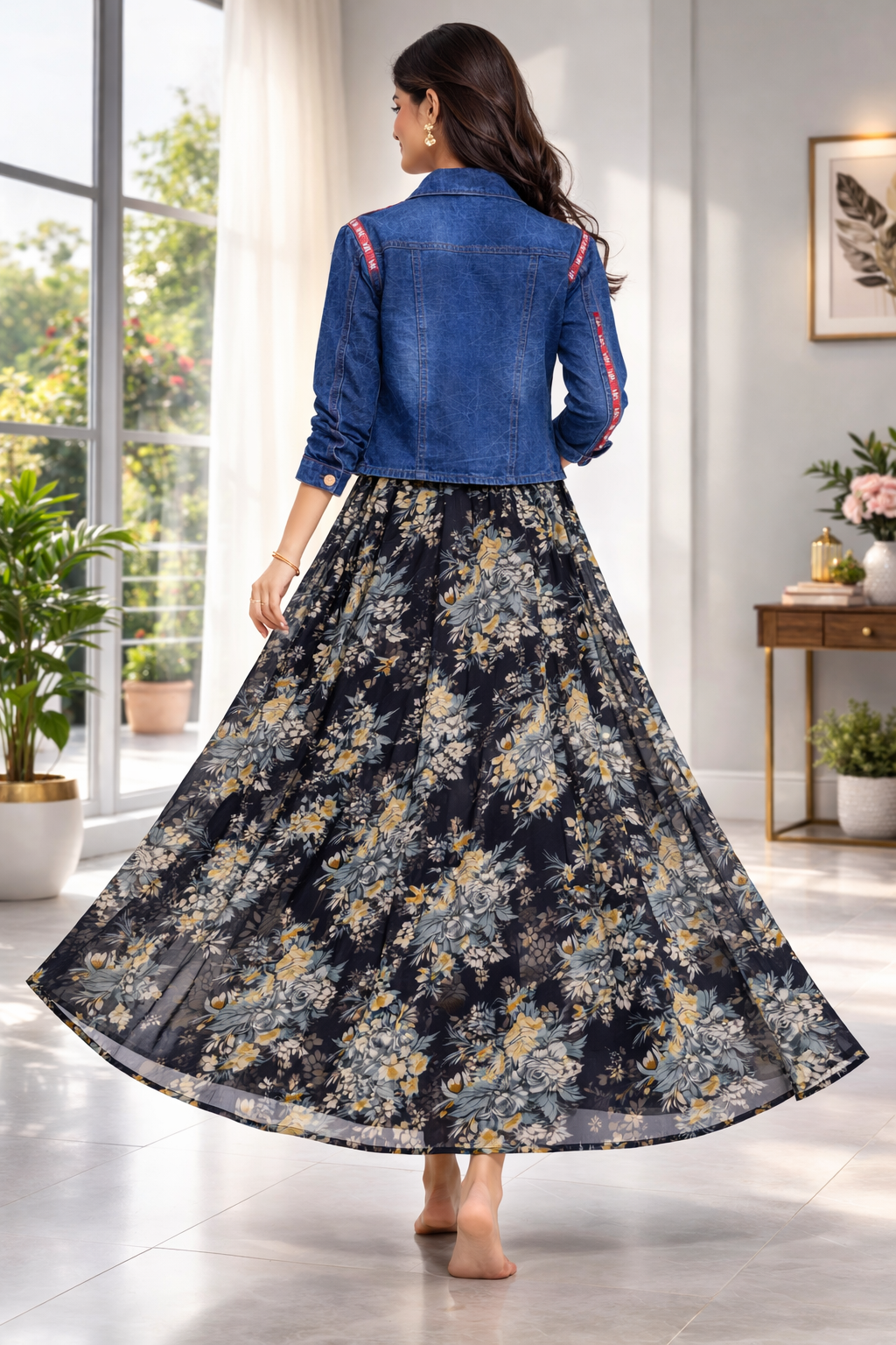 Women’s Floral Frock Style Western Top with Denim Jacket – Round Neck Synthetic Dress