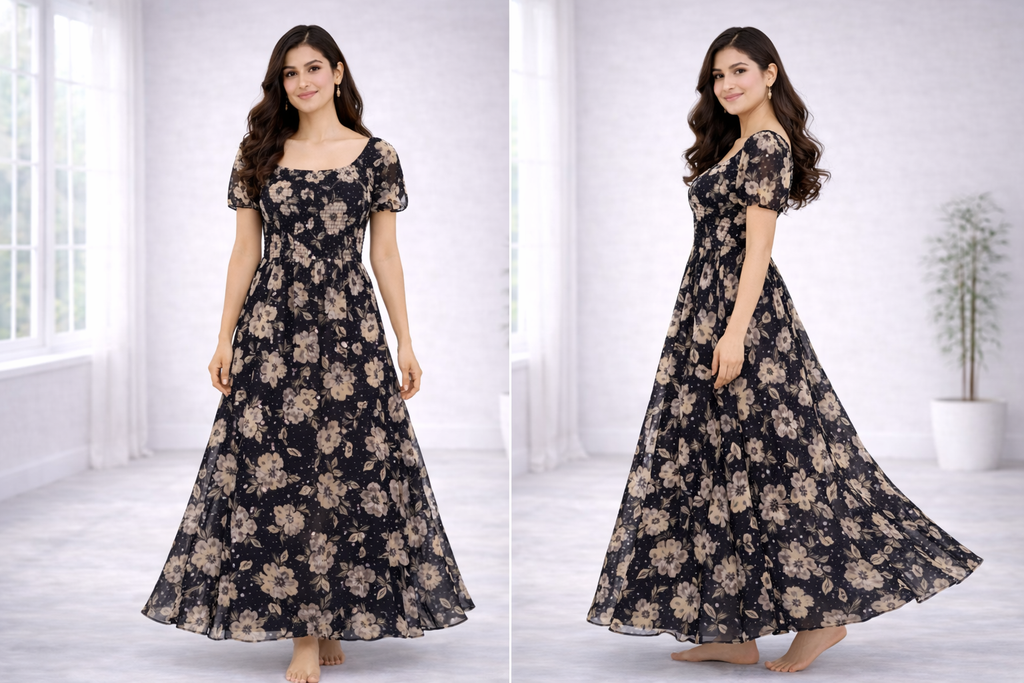 Women’s Black Floral Frock Style Western Top – Scoop Neck Maxi Dress