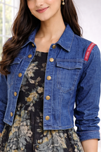 Women’s Floral Frock Style Western Top with Denim Jacket – Round Neck Synthetic Dress