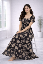Women’s Black Floral Frock Style Western Top – Scoop Neck Maxi Dress