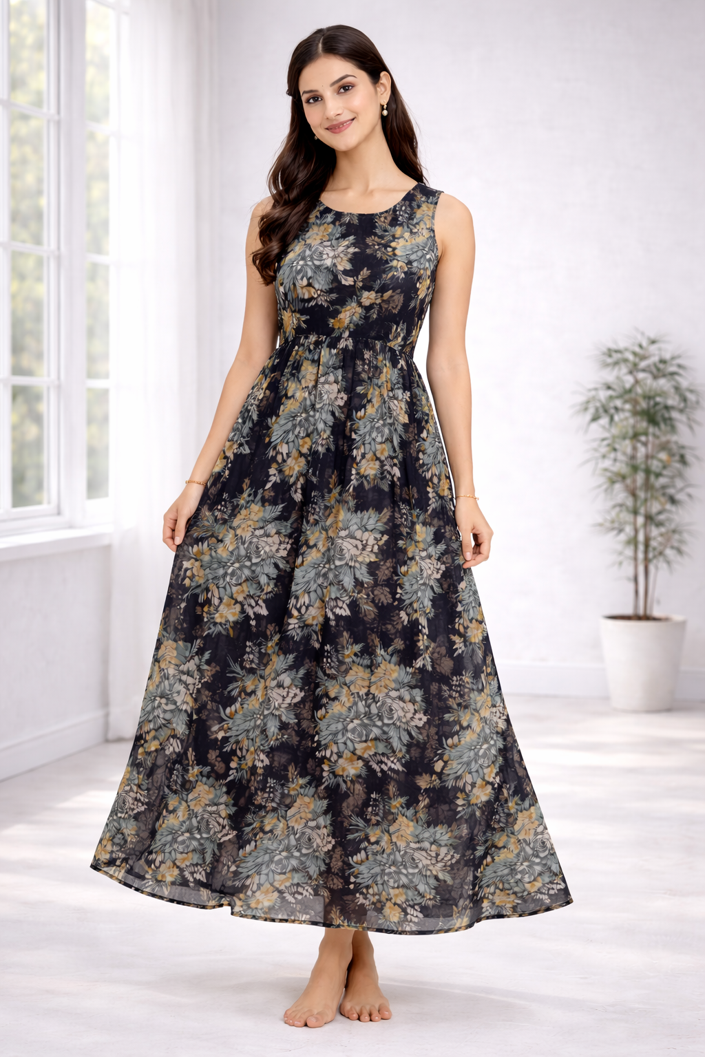 Women’s Floral Frock Style Western Top with Denim Jacket – Round Neck Synthetic Dress