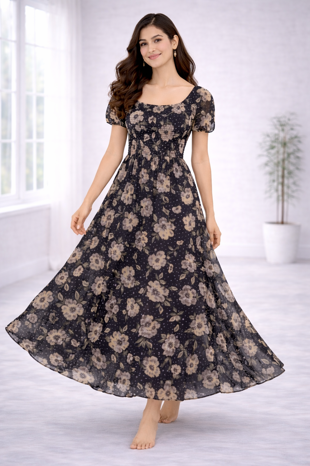 Women’s Black Floral Frock Style Western Top – Scoop Neck Maxi Dress