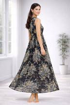 Women’s Floral Frock Style Western Top with Denim Jacket – Round Neck Synthetic Dress