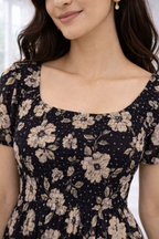 Women’s Black Floral Frock Style Western Top – Scoop Neck Maxi Dress