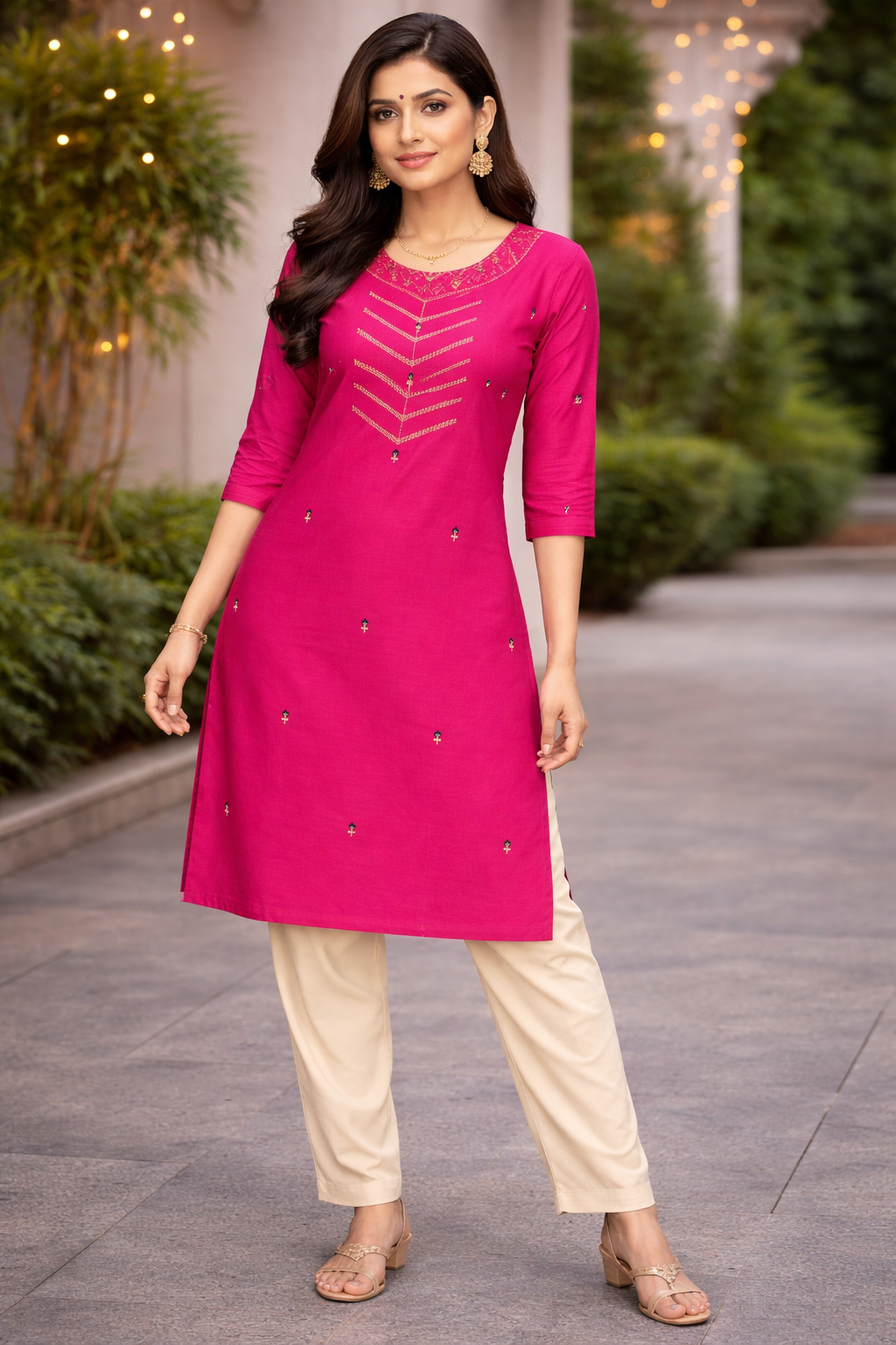 Pink Silk Cotton Round Neck Kurti