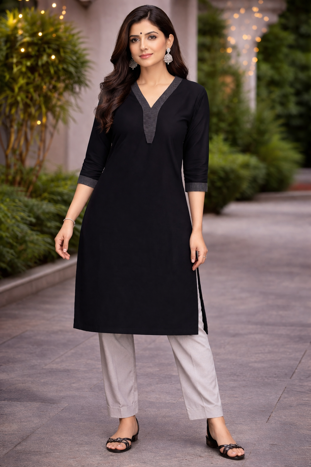 Black Silk Cotton V-Neck Kurti