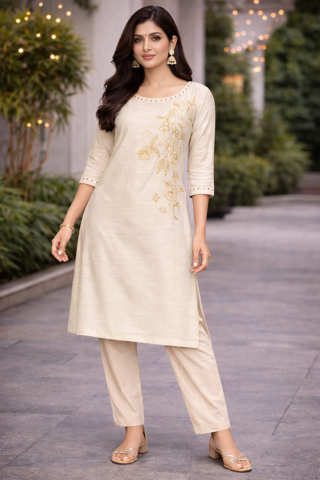 Light Sandal Silk Cotton Kurti with Golden Floral Design