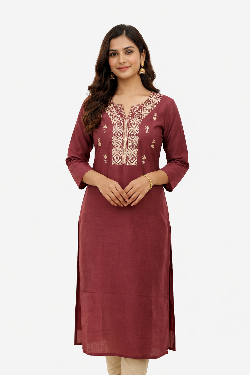 Maroon Silk Blend Embroidered Kurti