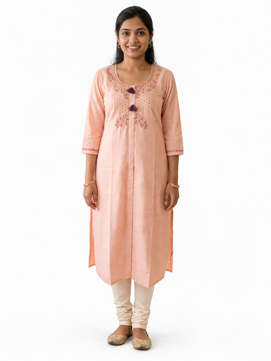 Soft Peach Tensile Silk Aari Work Kurti