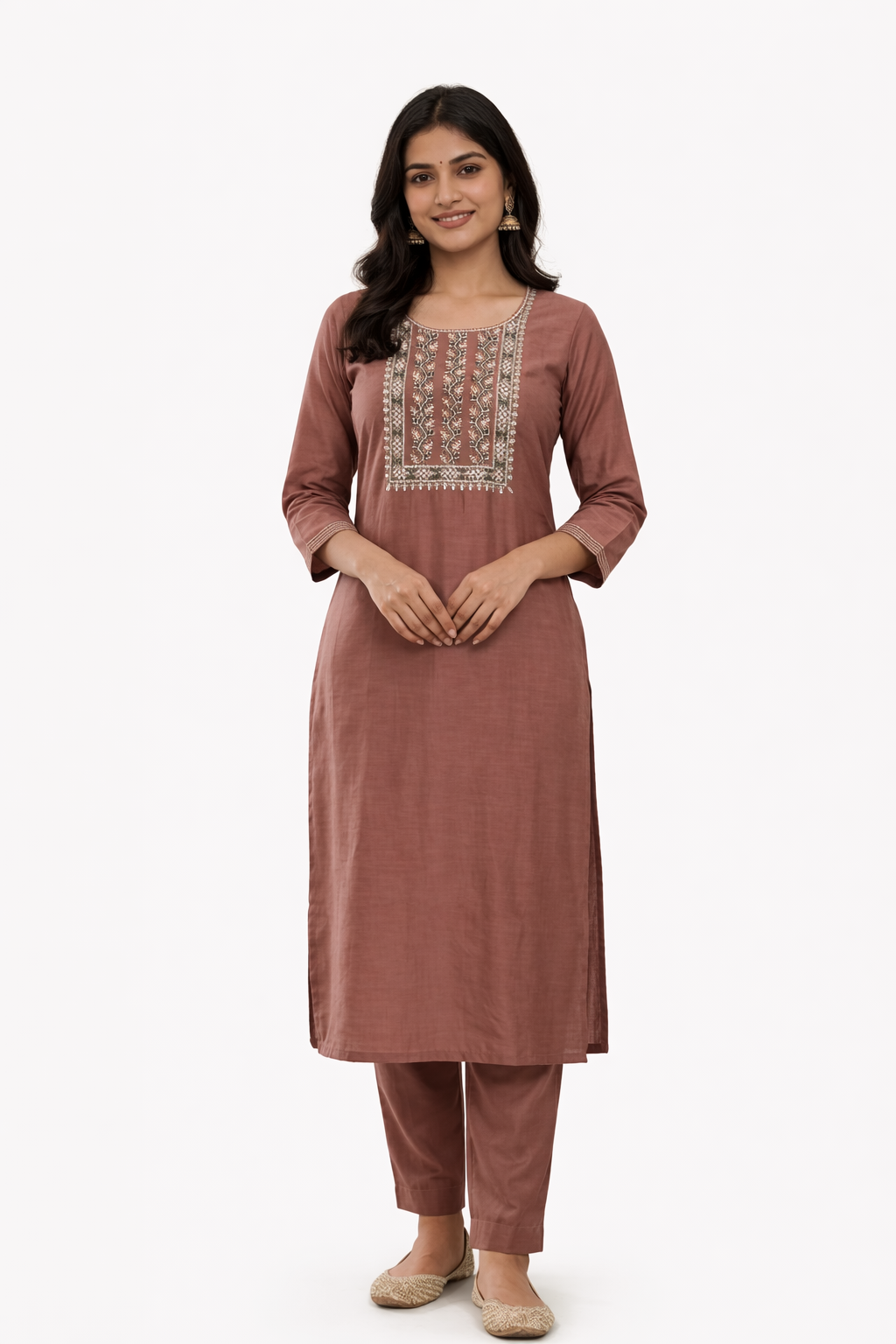 Dusty Brown Tensile Silk Aari Work Kurti