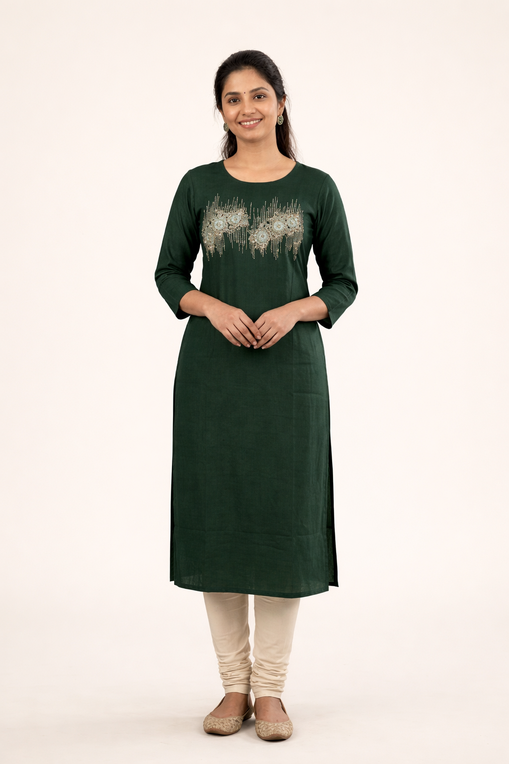 Dark Green Roman Silk Aari Work Kurti