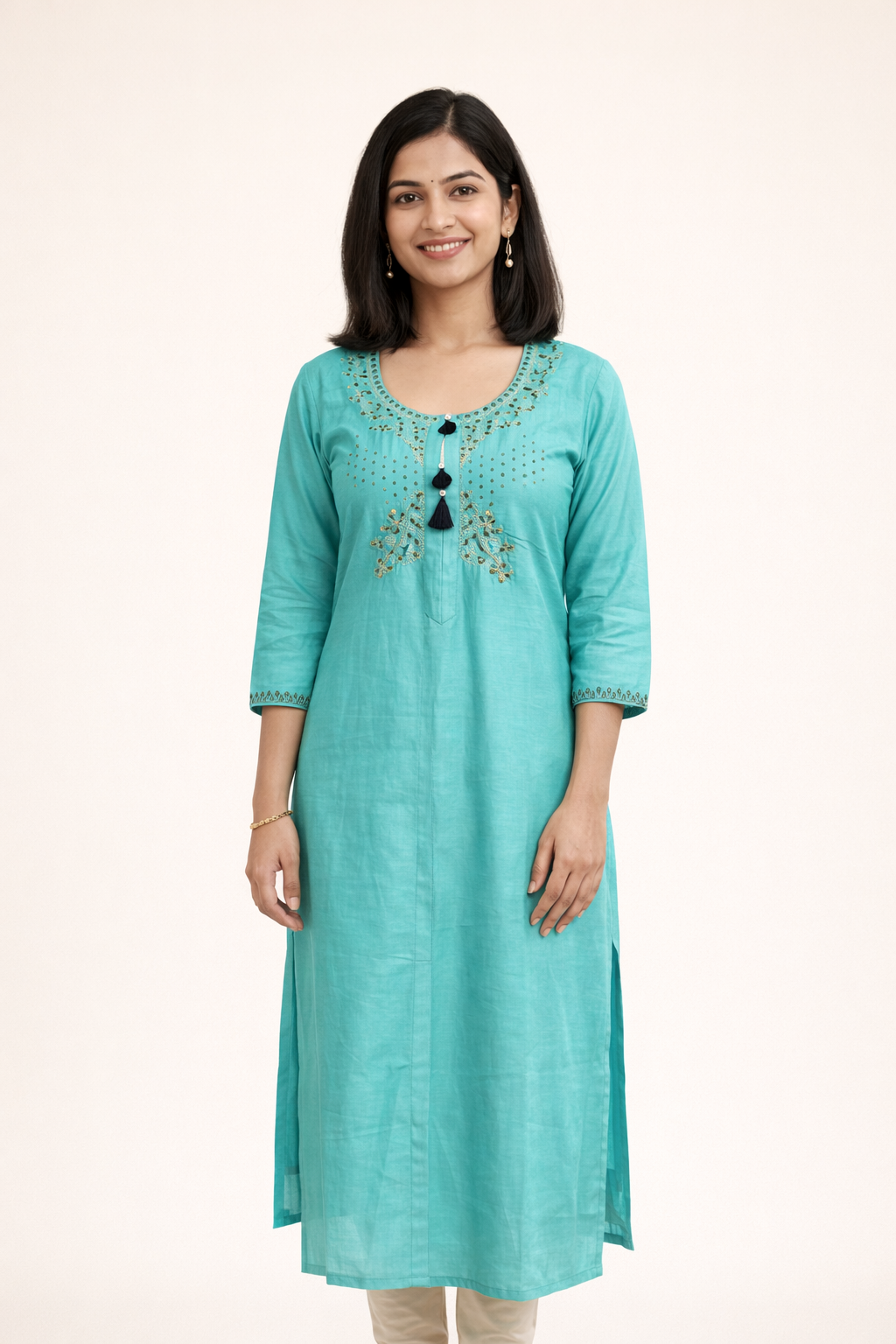 Teal Blue Tensile Silk Aari Work Kurti