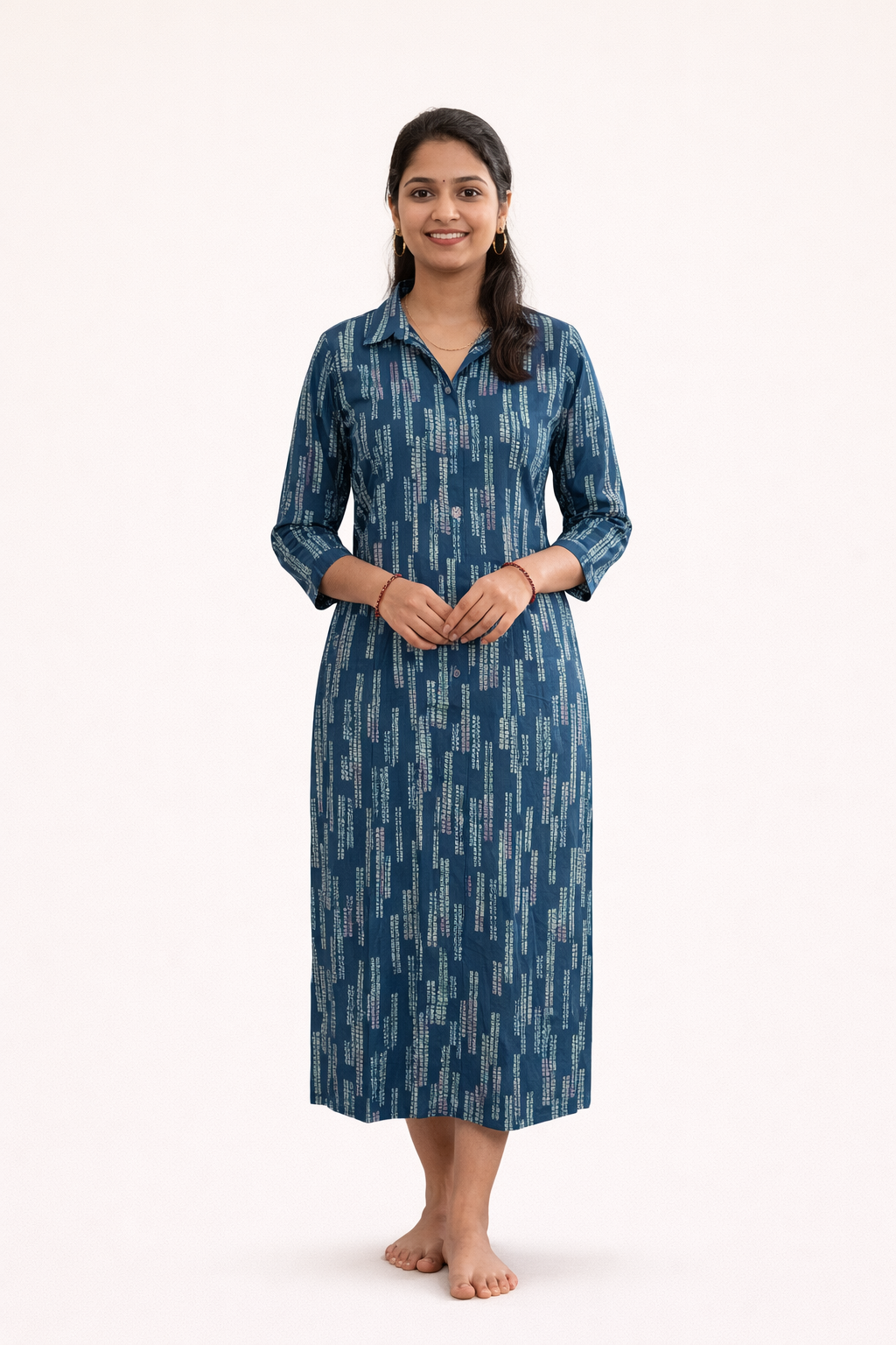 Blue Muslin A-Line Kurti – Collar Neck Printed Office Wear