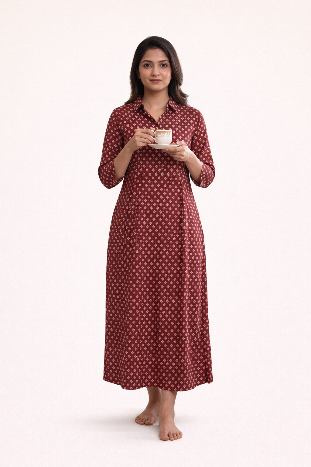 Maroon Printed Long A-Line Kurti