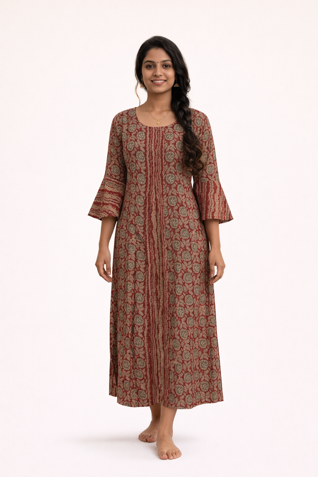 Maroon Printed A-Line Kurti