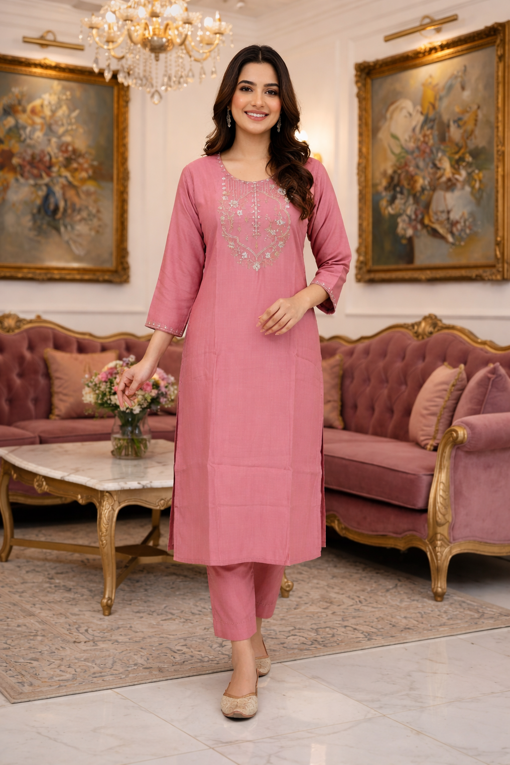 Pink Embroidered Kurti –  Tensile Silk