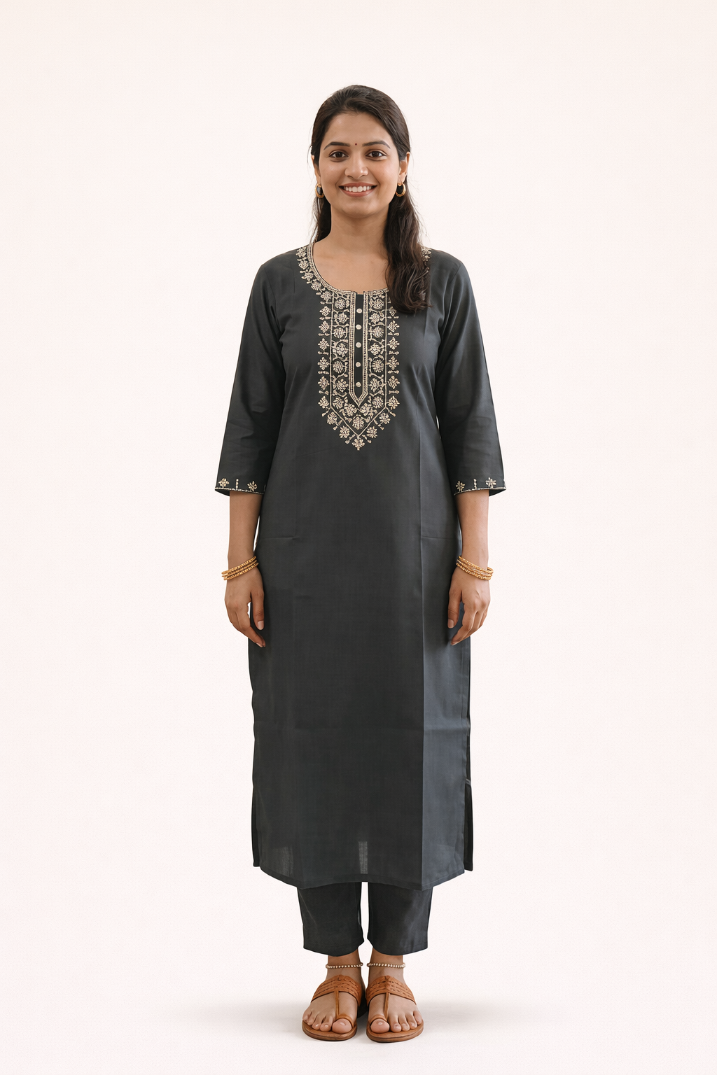 Ash Grey Aari Work Kurti