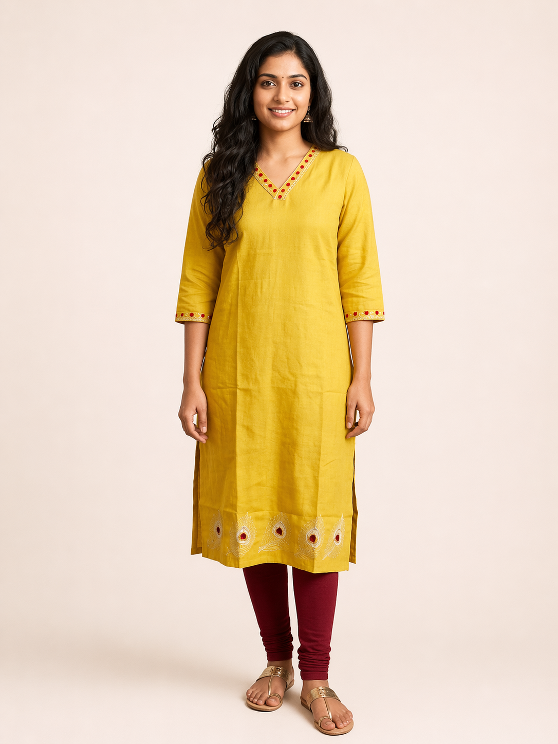 Yellow V-Neck Embroidered Kurti