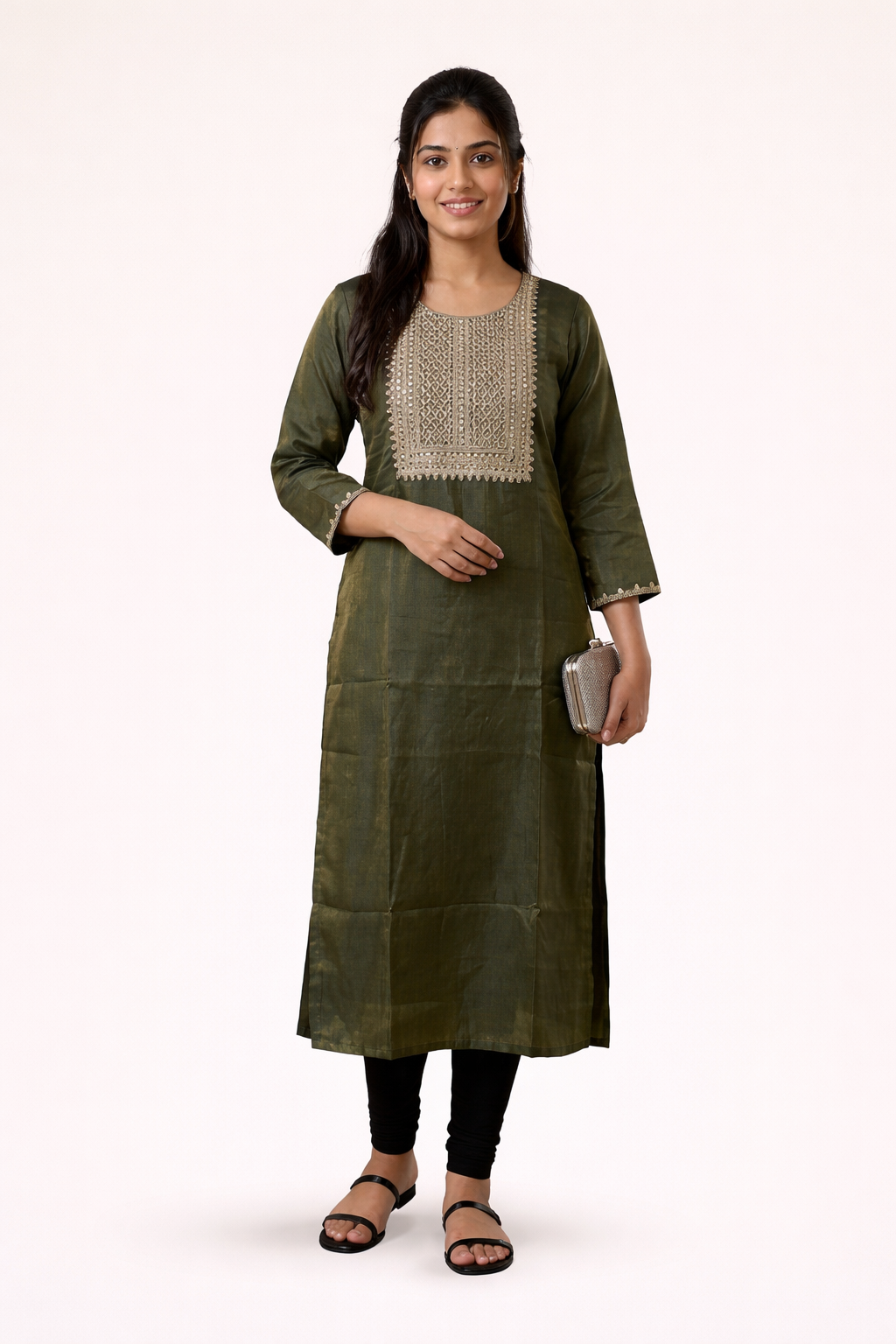 Olive Green Embroidered Kurti – Shimmer Fabric