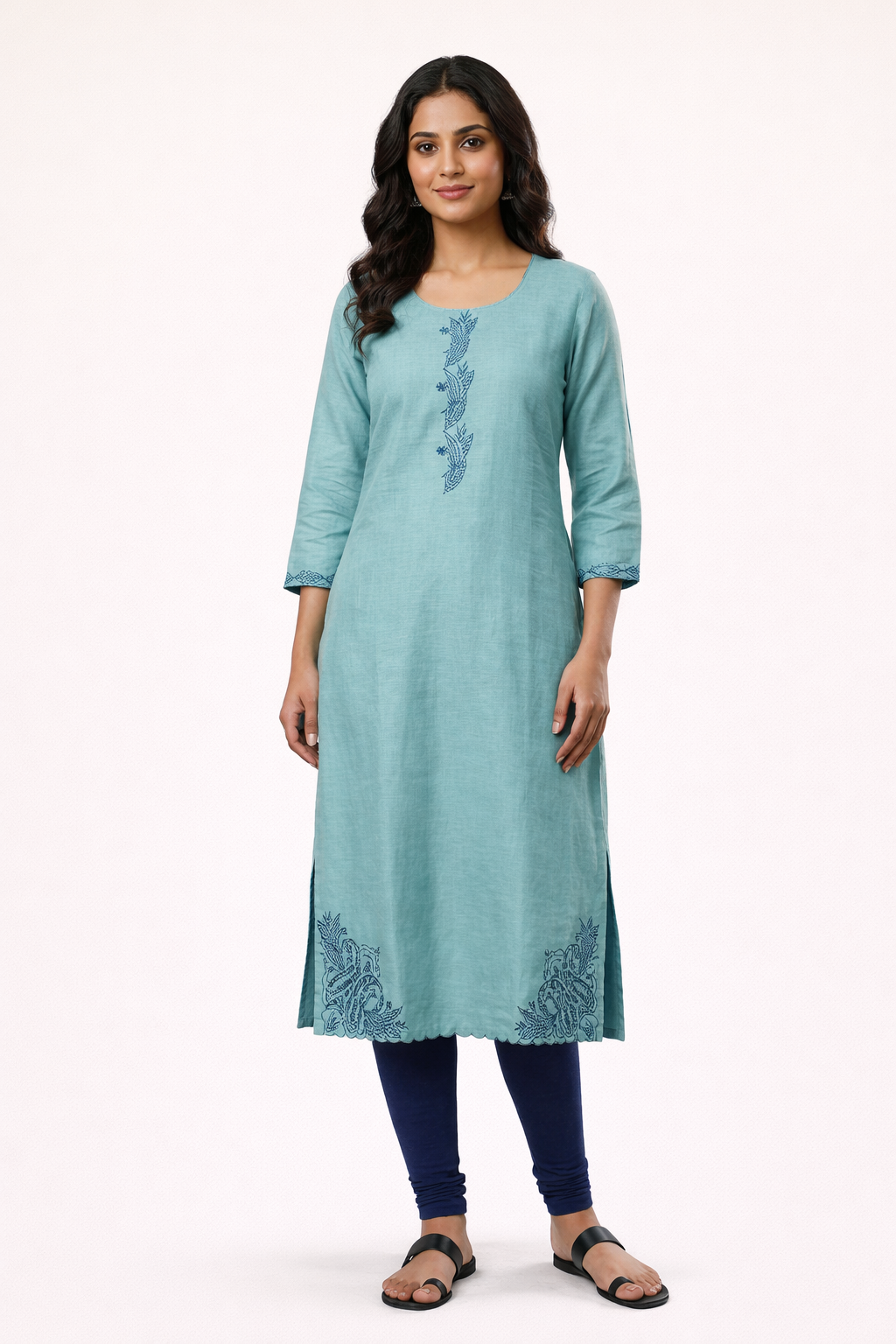 Sky Blue Chanderi Silk Embroidered Kurti