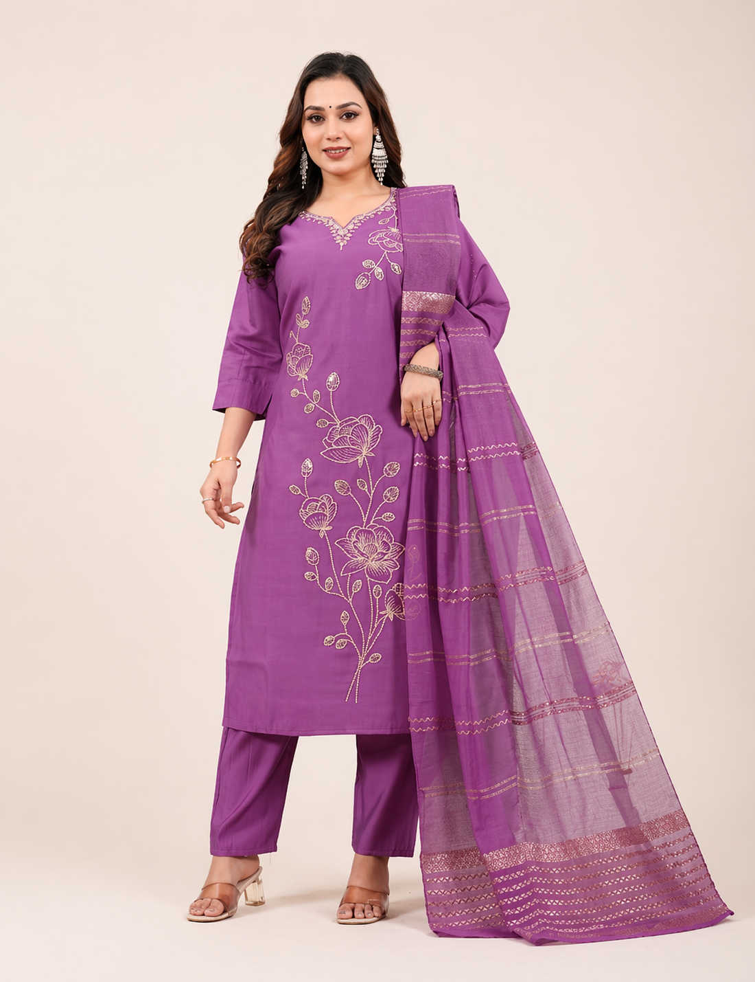 Purple Embroidered Salwar Suit Set with Dupatta