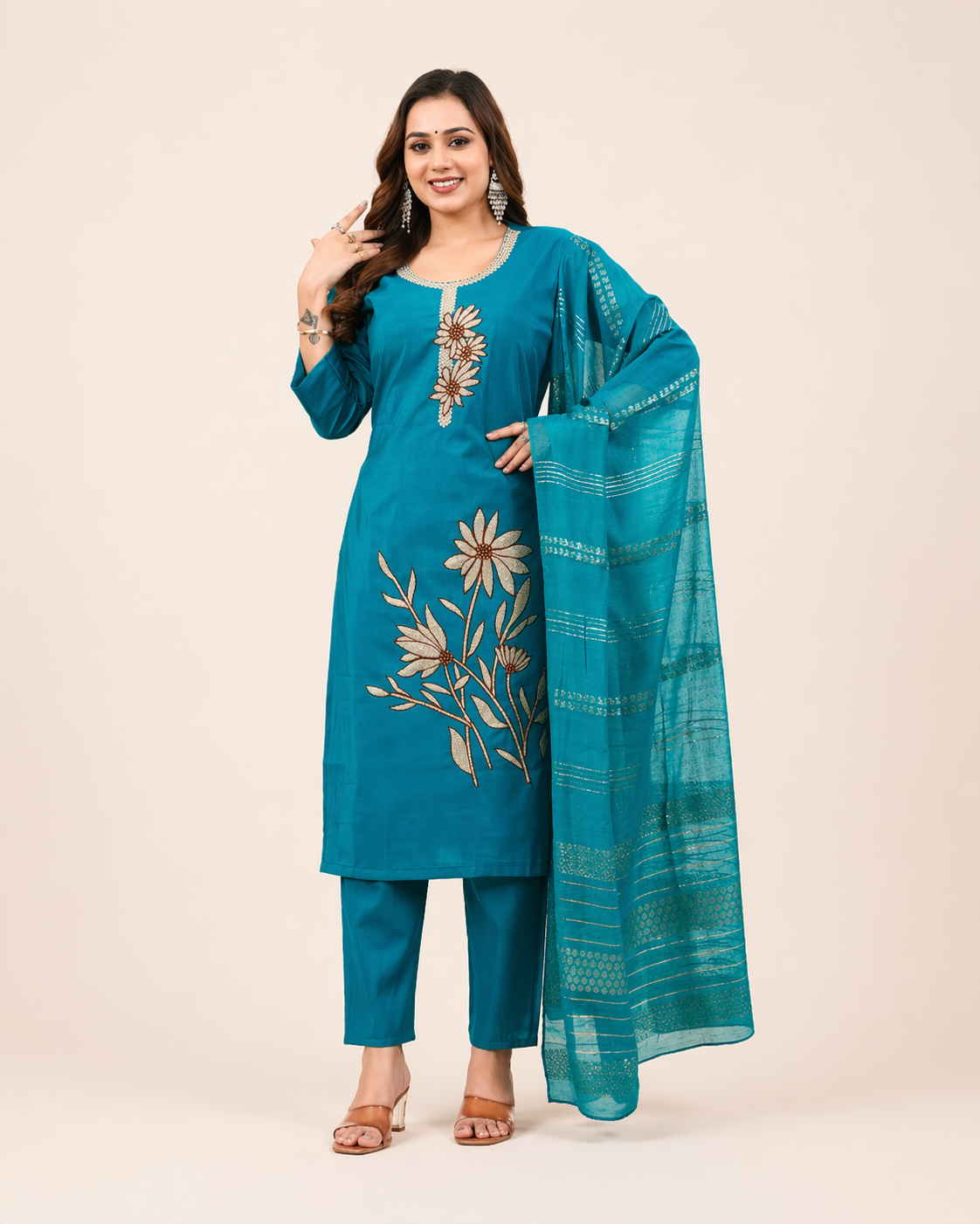 Teal Blue Embroidered Salwar Suit Set with Dupatta