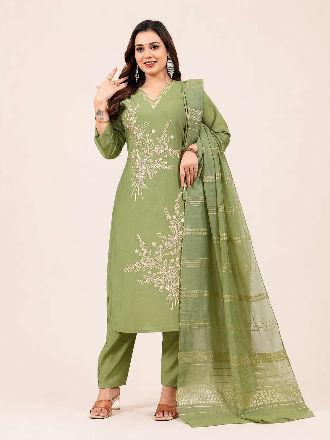 Pista Green Embroidered Salwar Suit Set with Dupatta