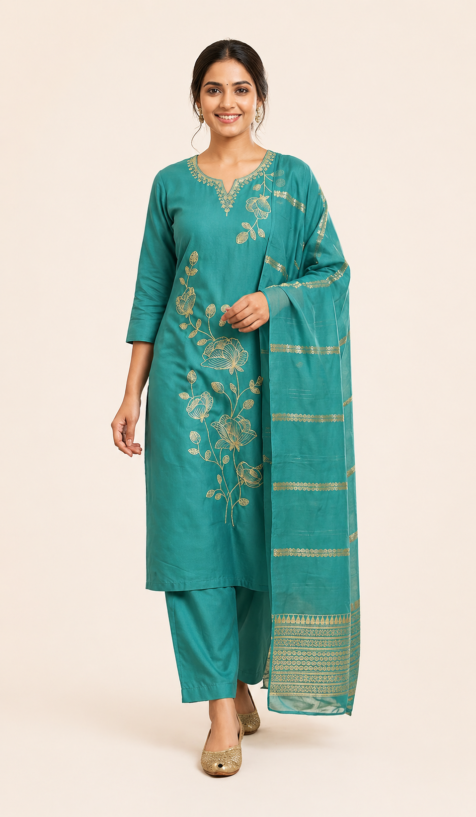 Green Embroidered Salwar Suit Set with Dupatta – Roman Silk