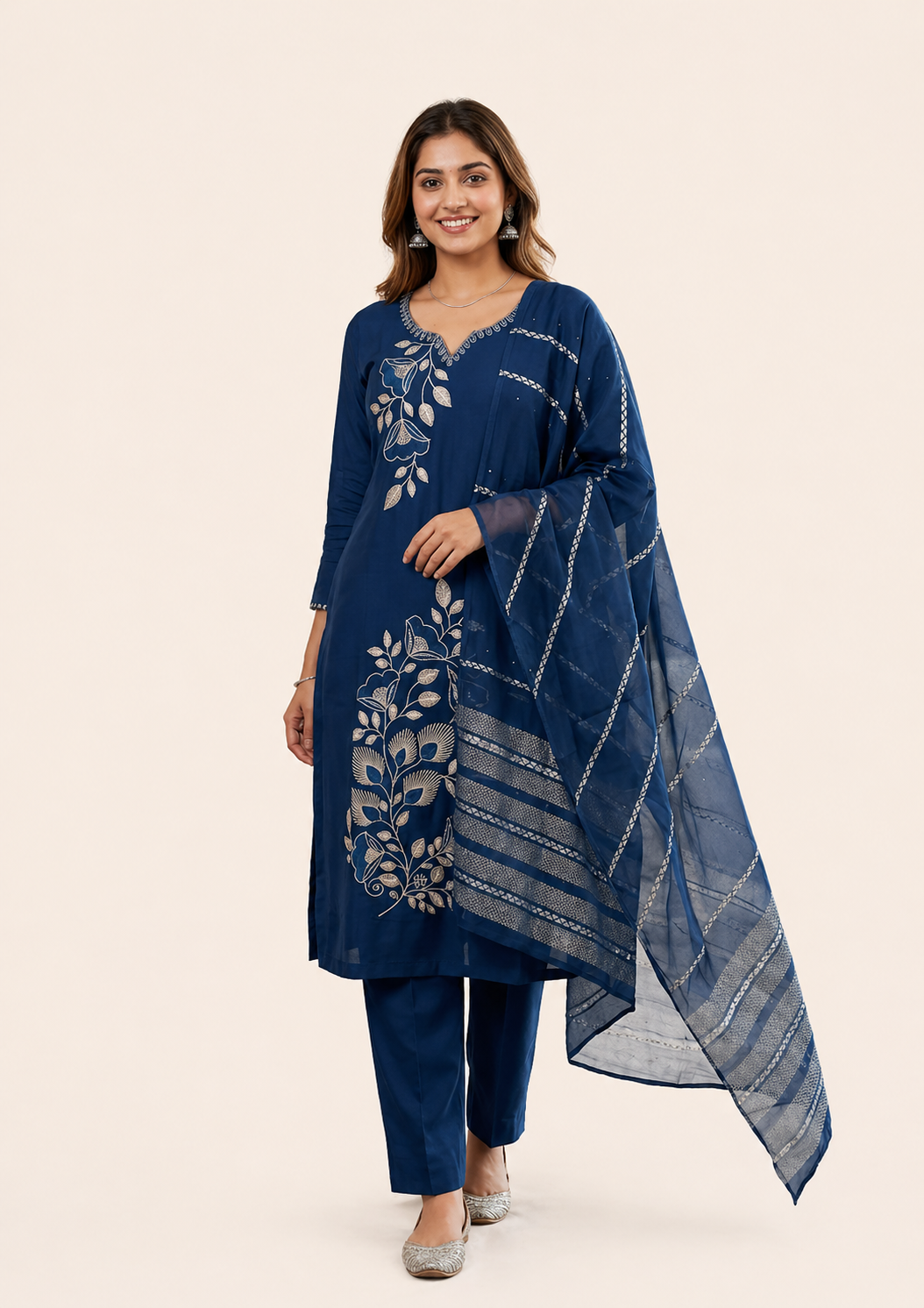 Navy Blue Embroidered Salwar Suit Set with Dupatta