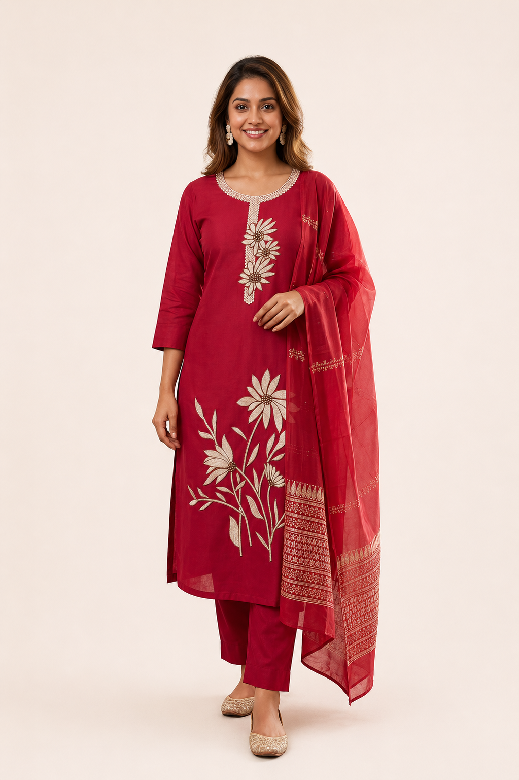 Red Embroidered Salwar Suit Set with Dupatta
