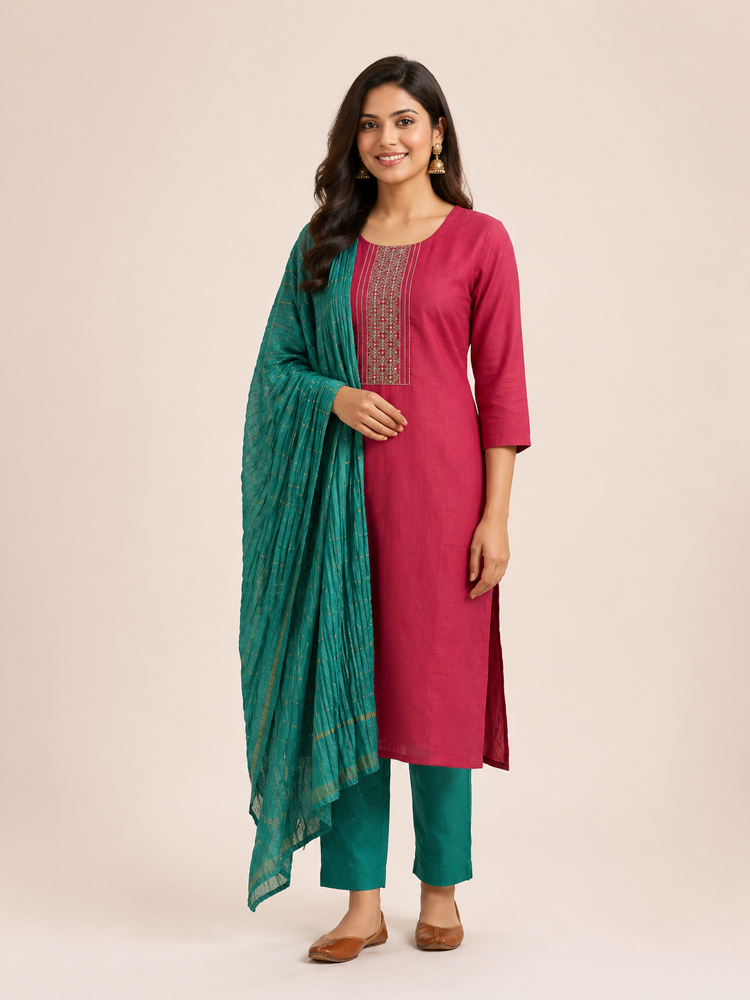 Red Roman Silk Embroidered Salwar Suit Set with Teal Dupatta