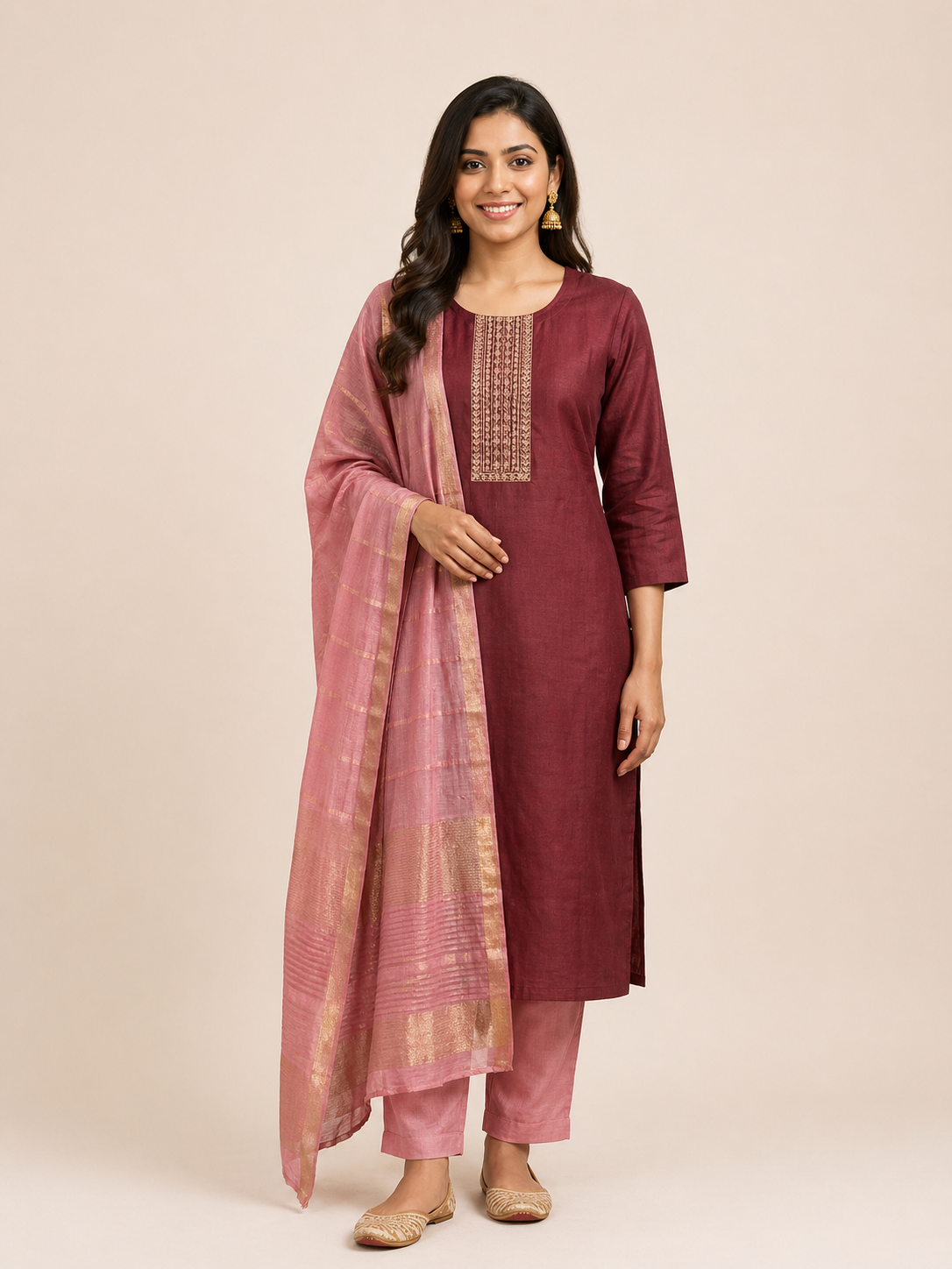 Maroon Roman Silk Embroidered Salwar Suit Set with Pink Dupatta