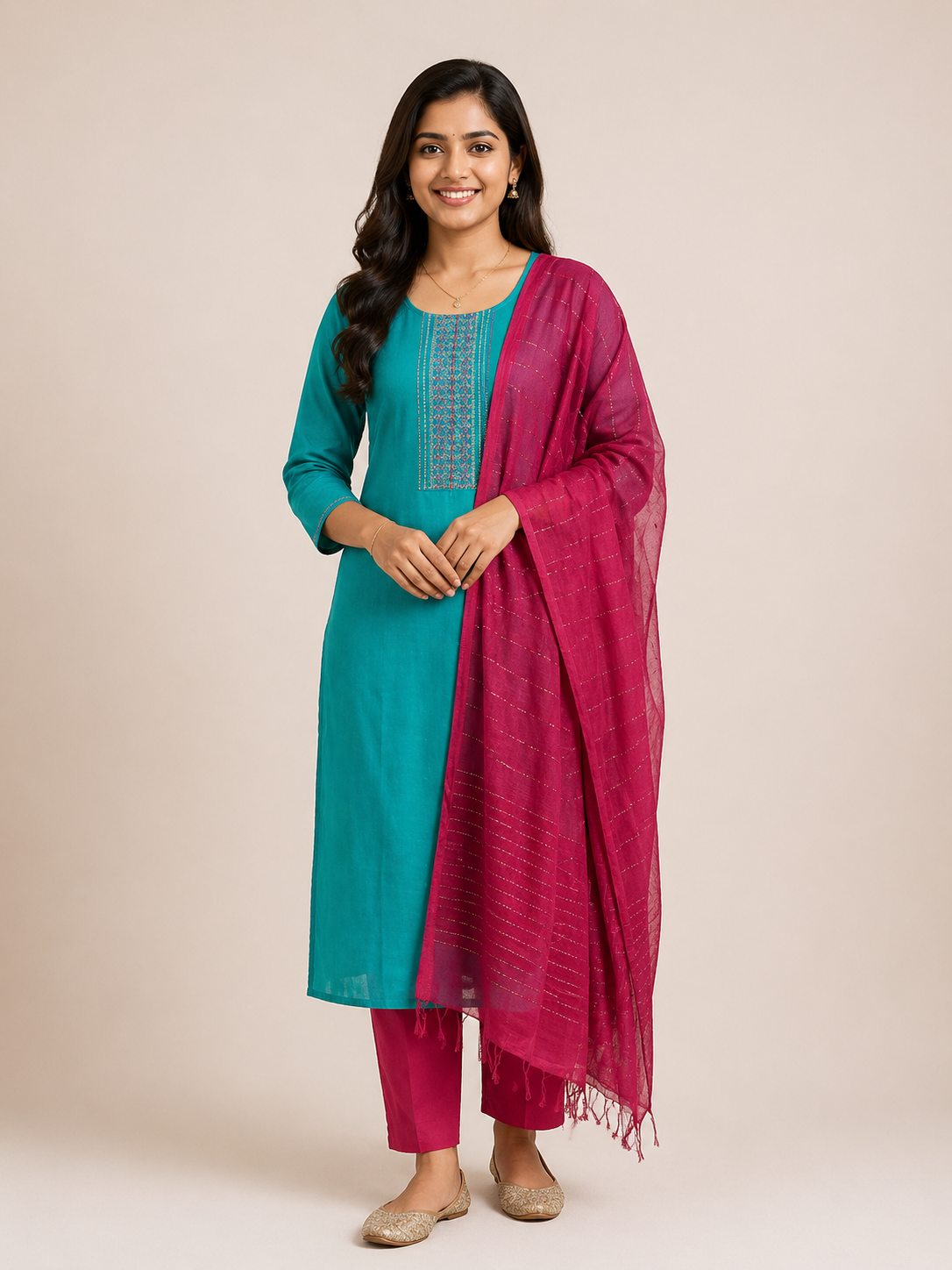 Teal Blue Roman Silk Embroidered Salwar Suit with Pink Dupatta