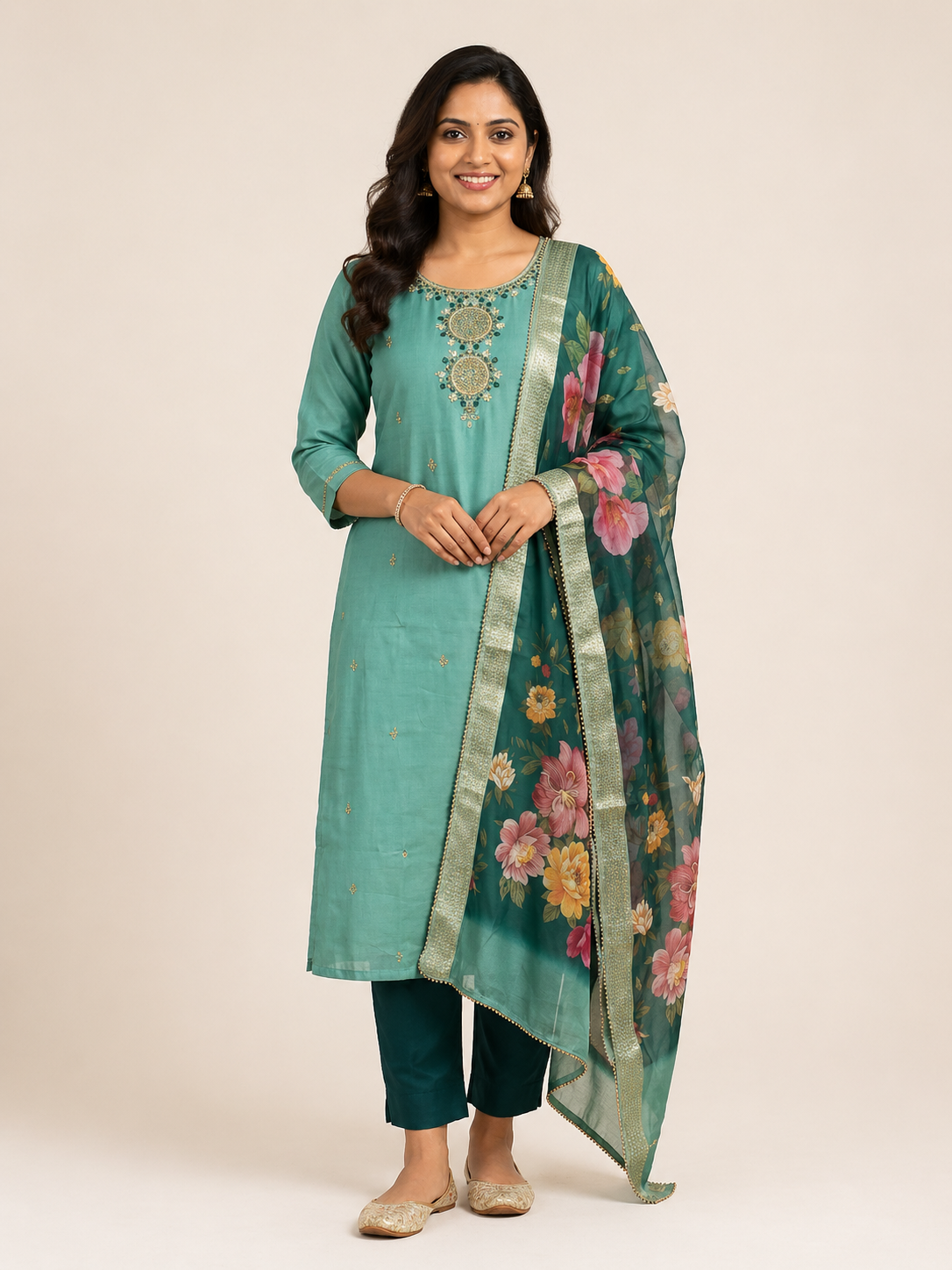 Sea Green Roman Silk Embroidered Salwar Suit Set with Floral Dupatta
