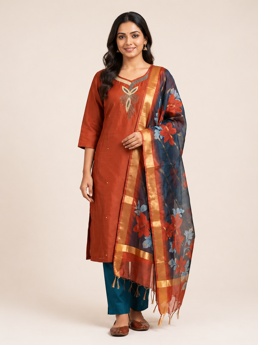 Rust Roman Silk Embroidered Salwar Suit Set with Floral Dupatta