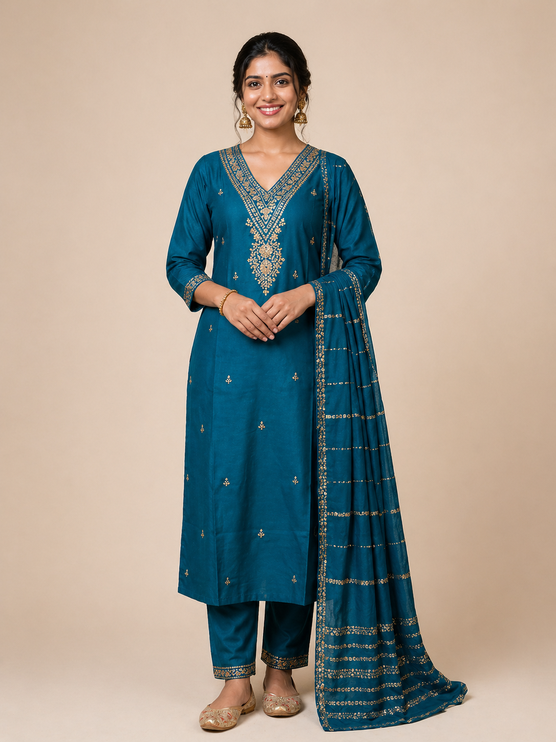 Teal Blue Roman Silk Embroidered Salwar Suit with Dupatta