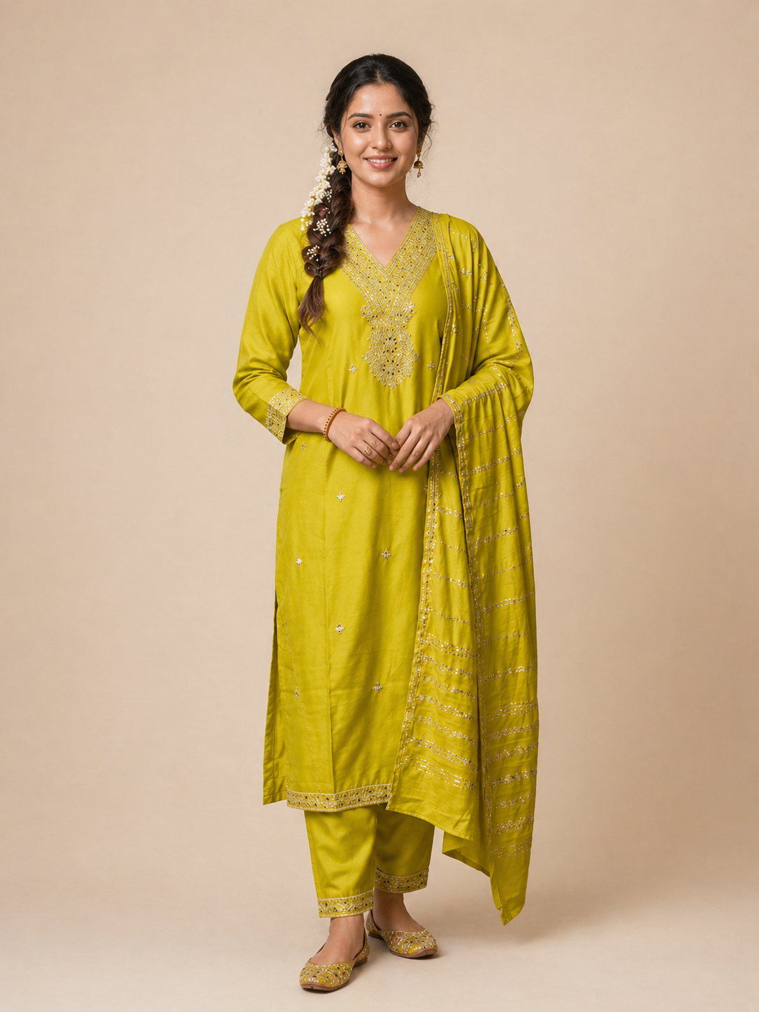 Mustard Yellow Roman Silk Embroidered Salwar Suit with Dupatta