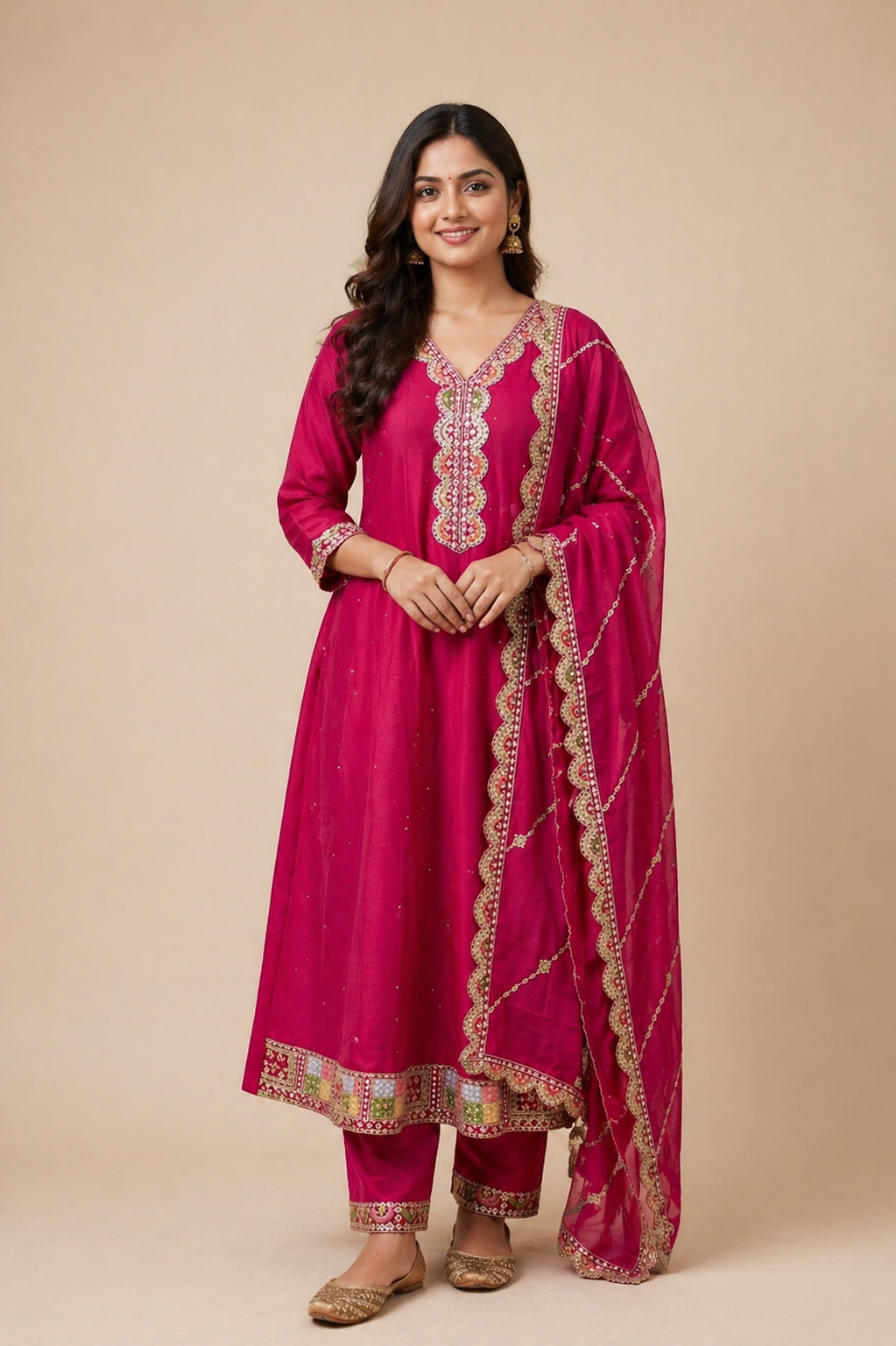 Pink Roman Silk Embroidered Umbrella Salwar Suit with Dupatta