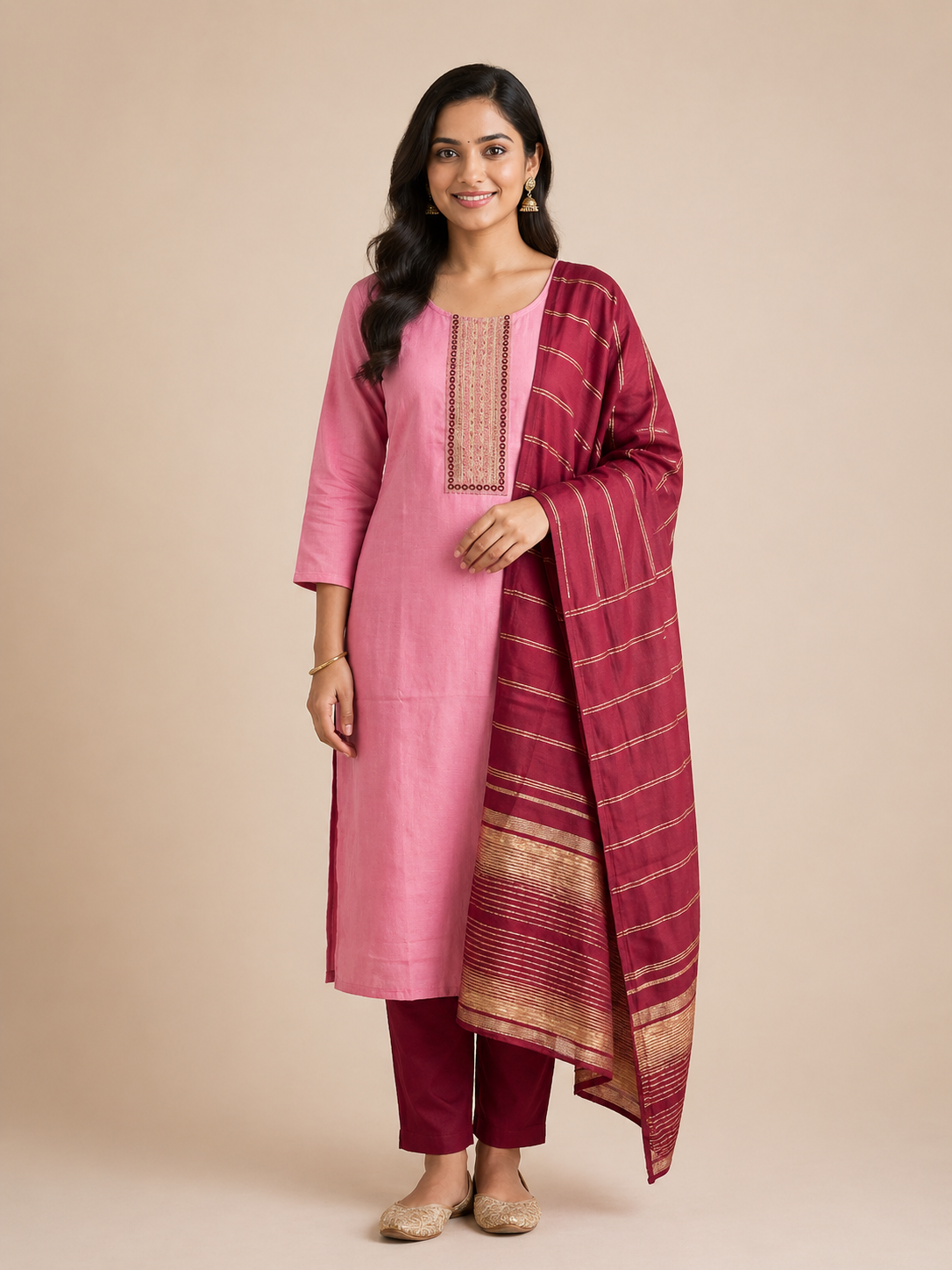 Blush Pink Roman Silk Embroidered Salwar Suit with Maroon Dupatta