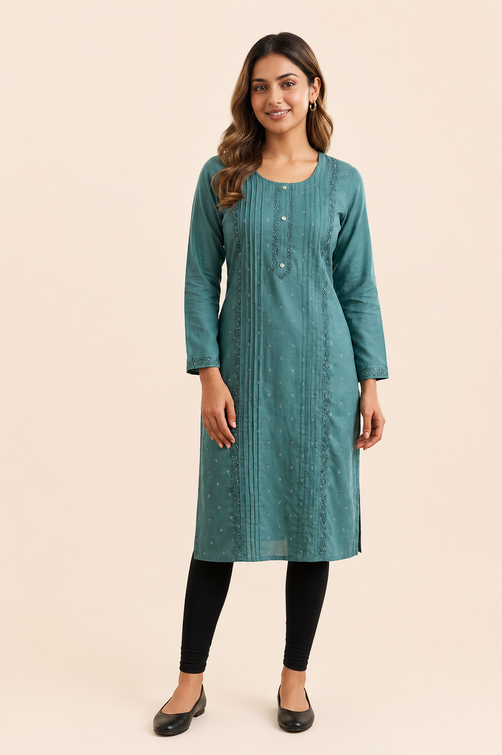 Teal Green Vatican Fabric Stone Work Kurti