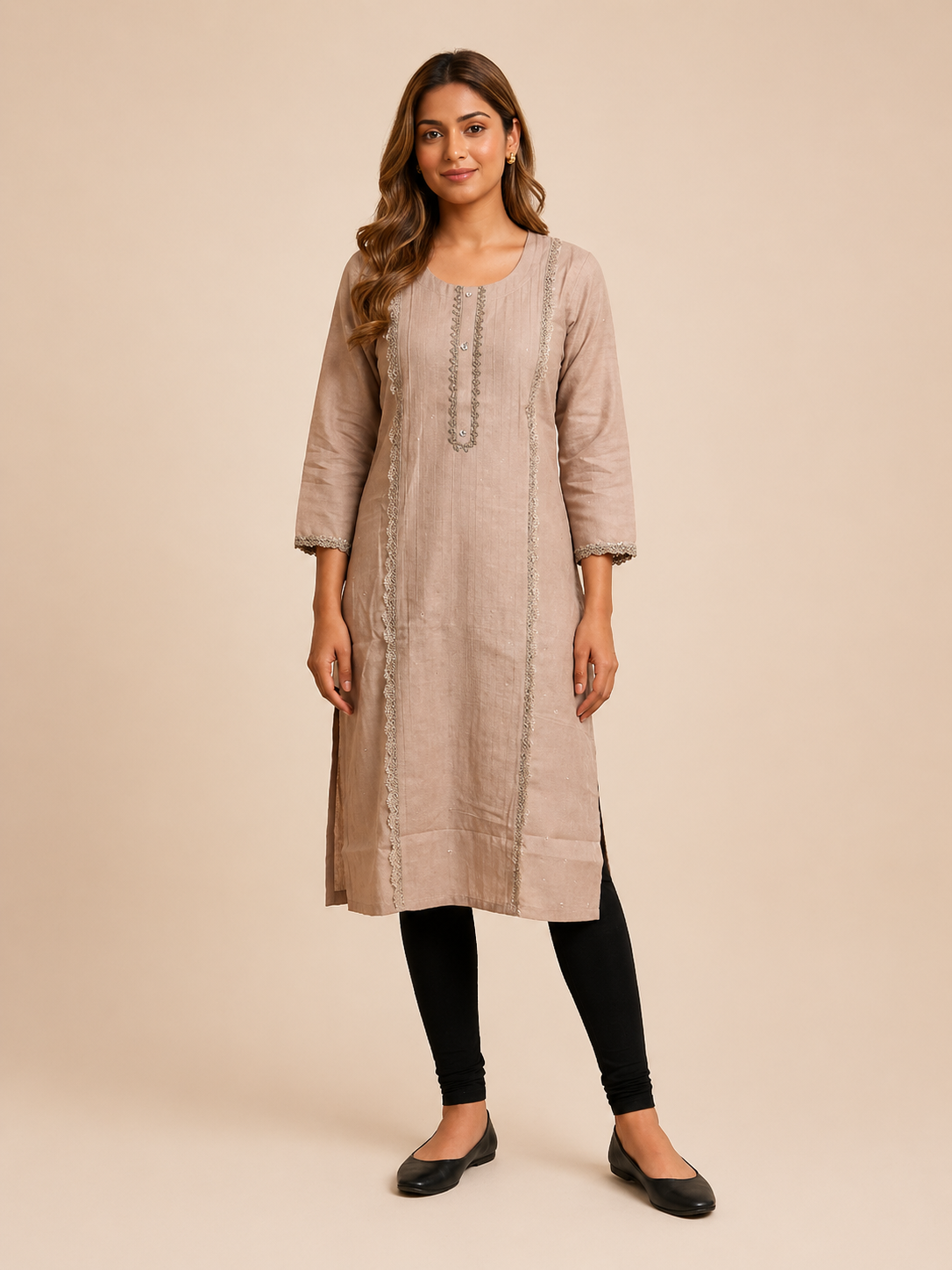 Beige Vatican Fabric Stone Work Kurti