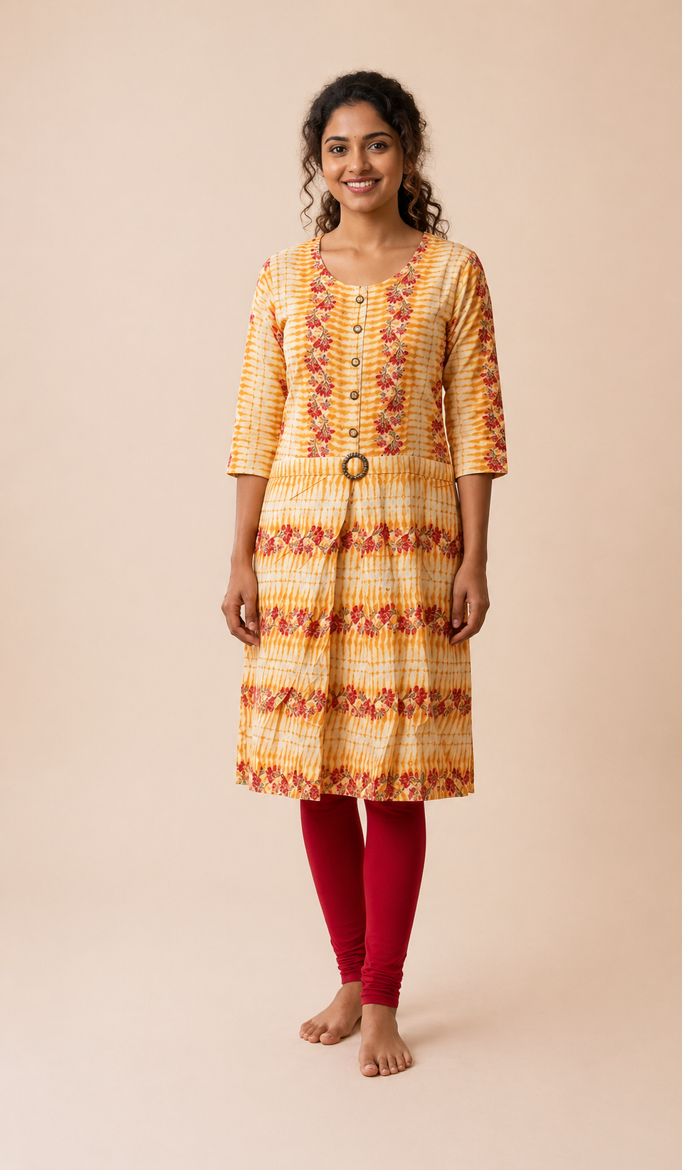 Orange Floral Digital Print Cotton Blend Kurti