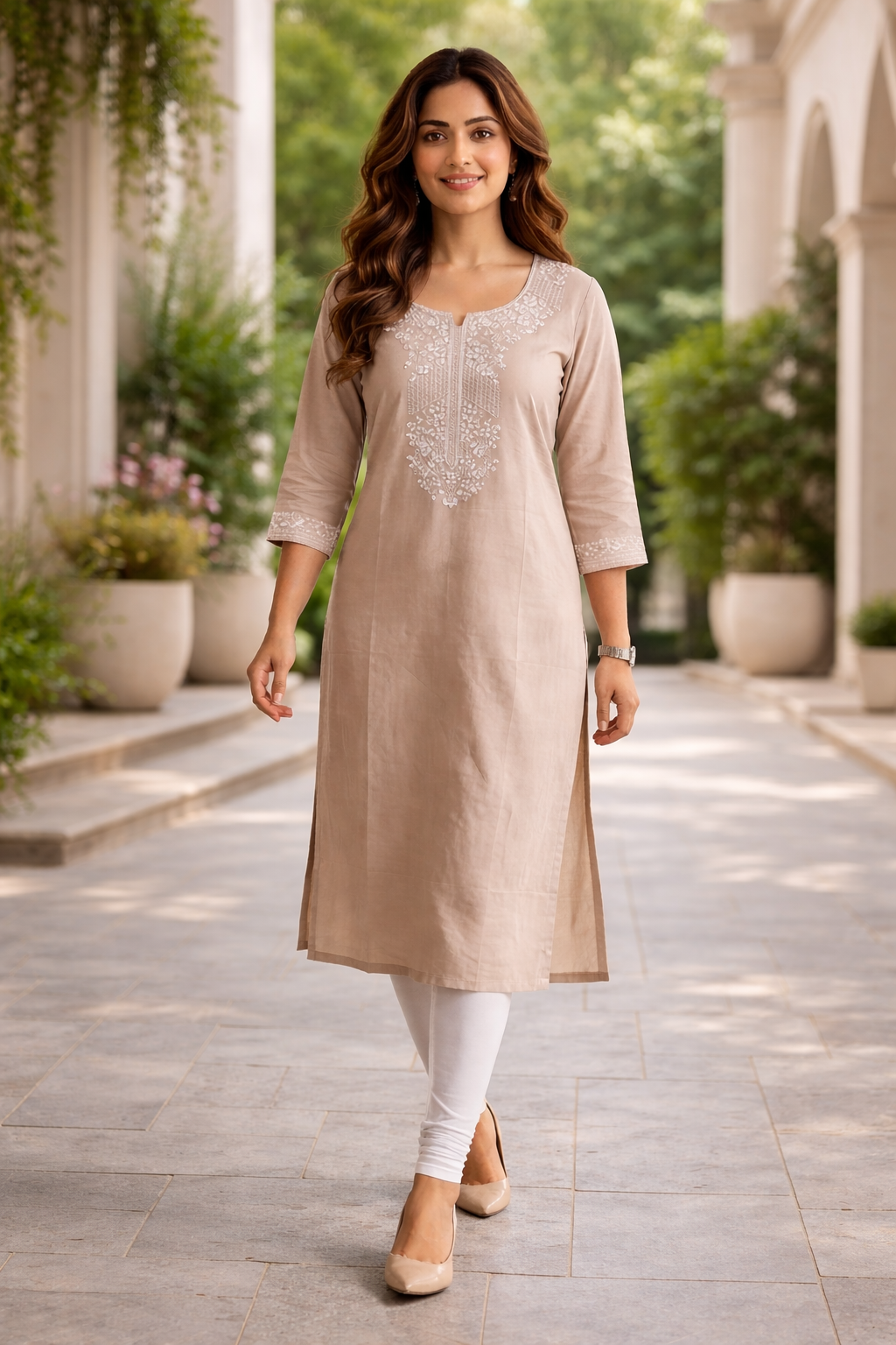 Elegant Beige Side Open Kurti with Embroidery