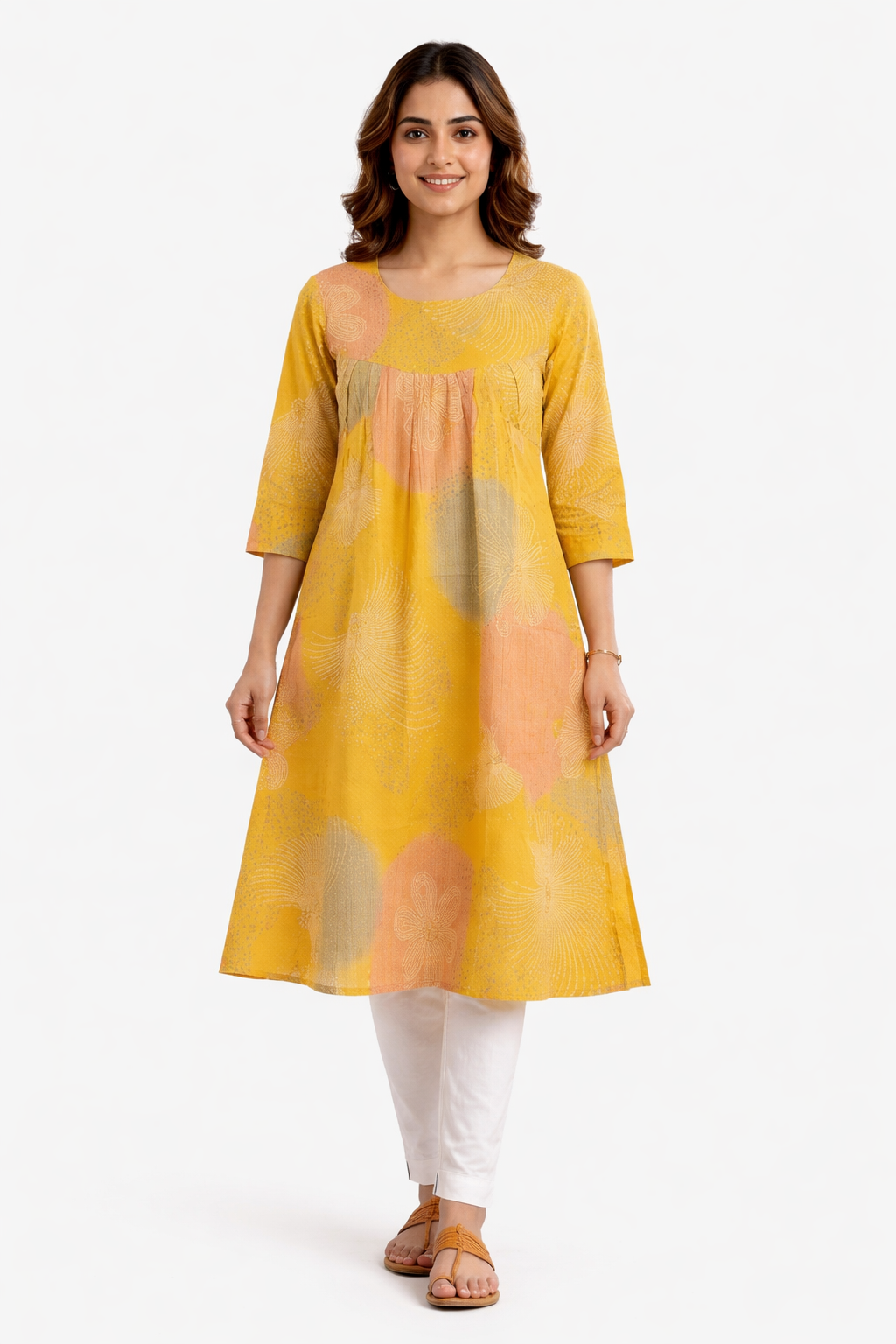 Stylish Yellow Umbrella Kurti – Round Neck Muslin Daily & Office Wear